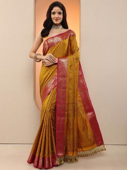 Libas - Women Mustard Floral Woven Design Silk Blend Saree with Unstitched Blouse