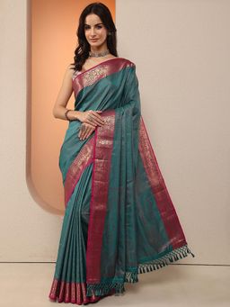 Libas - Women Teal Floral Woven Design Silk Blend Saree with Unstitched Blouse