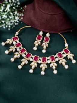 Peora - White Pearl Elegance Magenta Rhinestone Jewellery Set