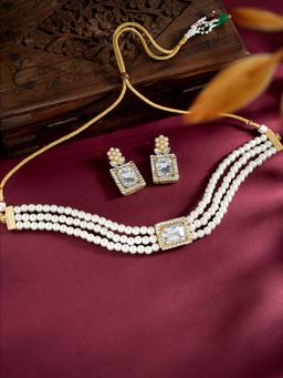 Peora - Three Layer White Pearls Studded White Jewellery Set