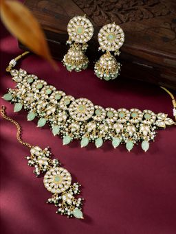Peora - Gold Platted Mint Green Necklace Jhumka Earrings & Maang Tikka Set
