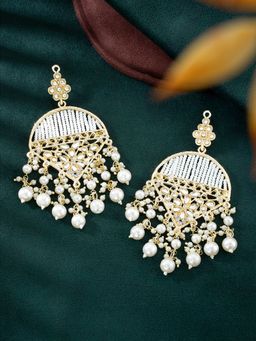 Peora - Gold Platted Studded Kundan White Pearls Dangle Earrings