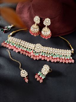 Peora - Gold Plated Kundan Multi Colour Choker Necklace Set