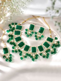 Peora - Gold Plated Green Beads & Stone Work Jeweller Set