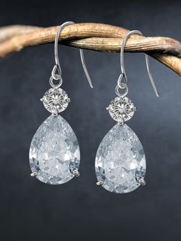 Peora - Silver Plated Cubic Zirconia Crystal Studded Drop Fish Hook Earrings