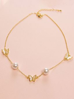 Peora - Gold Plated Butterfly & Pearls Chain Necklace