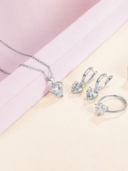 Peora - Silver Plated Cubic Zirconia Pendant Chain Necklace Finger Ring & Earrings Set