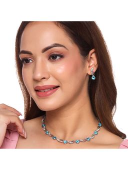 Yellow Chimes - Silver-Plated Blue and White Crystal Studded Jewellery Set