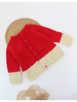 Woonie - Red Handmade Self Design Raglan Sleeves Cardigan
