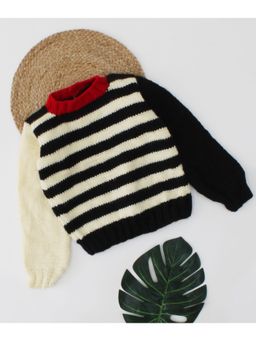 Woonie - Black Handmade Striped Two Different Colour Sleeves Sweater