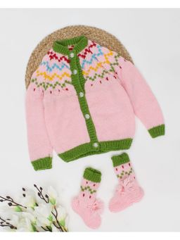 Woonie - Pink Handmade Full Sleeves Self Design Cardigan with Booties