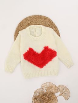 Woonie - Cream Woven Full Sleeves Heart Detailing Knitted Sweater