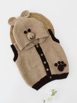 Woonie - Brown Handmade Sleeveless Paw Detailing Panda Face Hooded Cardigan