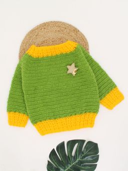 Woonie - Green Handmade Full Sleeves Crochet Star Applique Sweater
