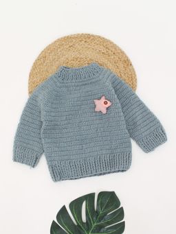 Woonie - Grey Handmade Full Sleeves Crochet Star Applique Sweater