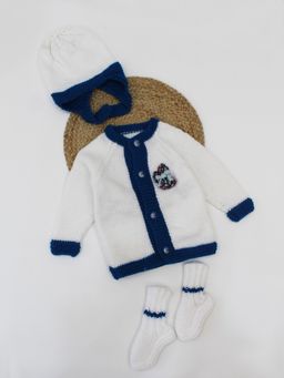 Woonie - White Handmade Knitted Full Sleeves Cardigan with Cap and Booties