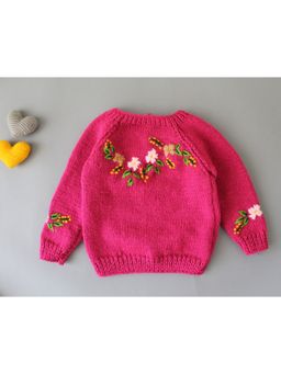 Woonie - Pink Handmade Full Sleeves Floral Embroidered Knitted Pullover Sweater