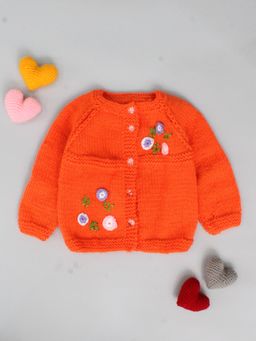 Woonie - Orange Handmade Full Sleeves Knitted Floral Embroidered Cardigan