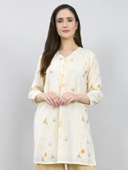 Monte Carlo - Women Regular Fit Printed V Neck Cream Kurti
