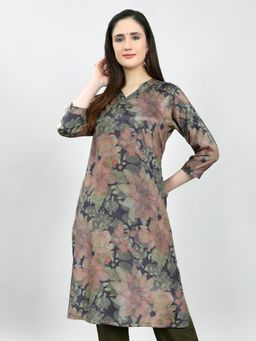 Monte Carlo - Women Regular Fit Printed V Neck Olive Kurta