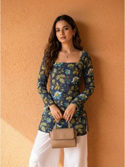 Kaori By Shreya - Floral Printed Square Neck Pure Cotton Navy Blue Kurti