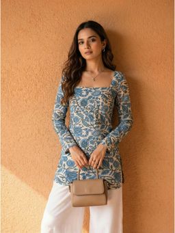 Kaori By Shreya - Floral Printed Square Neck Pure Cotton Blend Off White Kurti