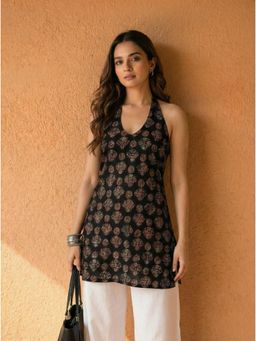 Kaori By Shreya - Ethnic Motifs Printed Halter Neck Pure Cotton Blend Black Kurti