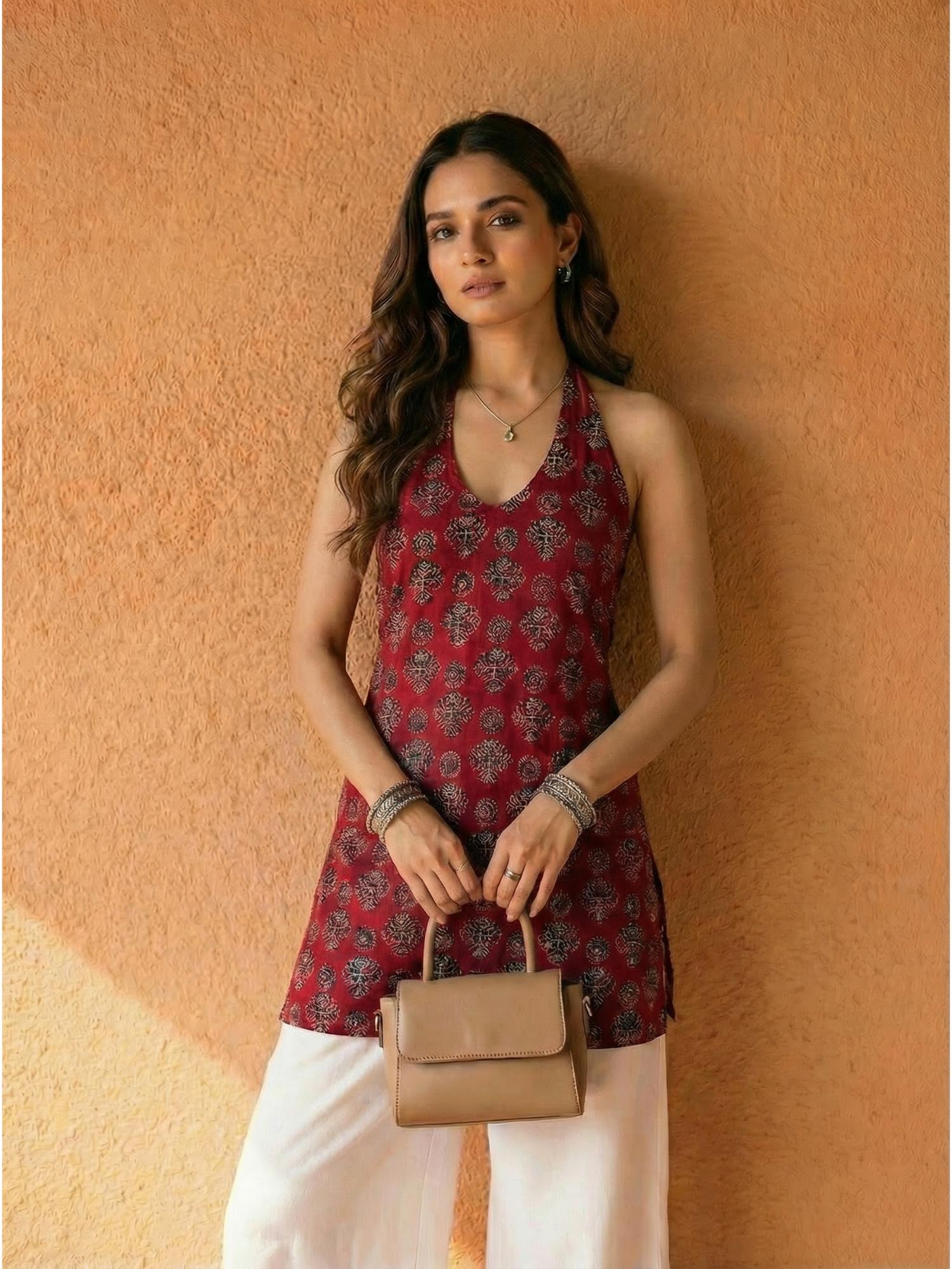 Ethnic Motifs Printed Halter Neck Pure Cotton Blend Maroon Kurti-picture-13