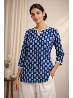 KAYOMMI - Women Blue Floral Print Cotton Straight Kurti