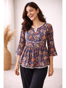 KAYOMMI - Women Navy Blue Paisley Print Cotton Peplum Kurti