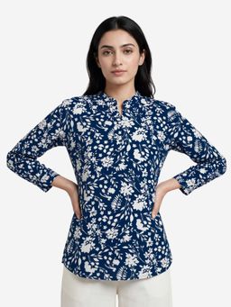 Bonjour - Navy Blue Women Floral Printed Short Kurti