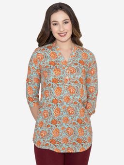 Bonjour - Sky Blue Women Floral Printed Short Kurti