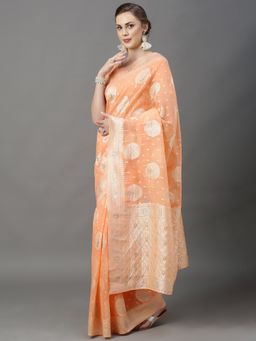 Akhilam - Womens Cotton Silk Peach Woven Design Saree with Unstitched Blouse