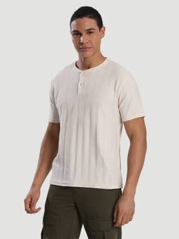 Bene Kleed - Off White Men Relaxed Fit Textured Henley T-Shirt