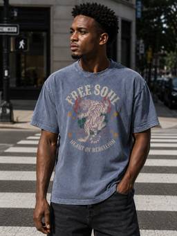 Bene Kleed - Men Blue Acid wash Graphic Oversized T-shirt
