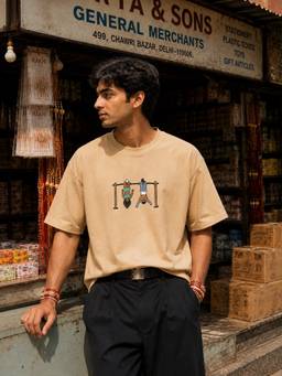 Bene Kleed - Mens Beige Embroidered Oversized Fit T-Shirt