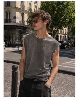 Bene Kleed - Men Grey Oversized Acid Wash Embellished Sleeveless Tank T-Shirt