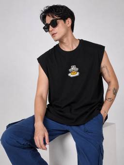 Bene Kleed - Men Black Oversize Embroidered Tank T-Shirt