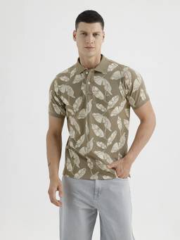 BASICS - Olive Cotton Collar Neck Polo T-Shirt