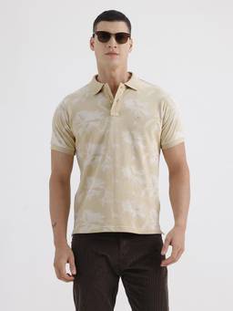 BASICS - Beige Cotton Collar Neck Polo T-Shirt