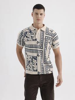 BASICS - Cream Cotton Collar Neck Polo T-Shirt