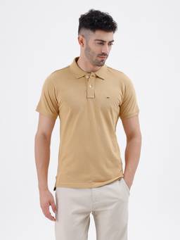 BASICS - Khaki Cotton Collar Neck Polo T-Shirt