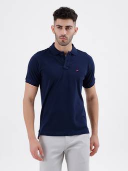 BASICS - Navy Blue Cotton Collar Neck Polo T-Shirt