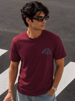 RIGO - Men Maroon Regular Fit Typography Printed Cotton Casual T-Shirt