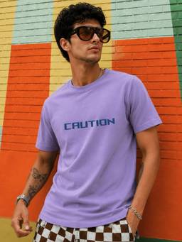 RIGO - Men Light Purple Regular Fit Typographic Printed Cotton T-Shirt