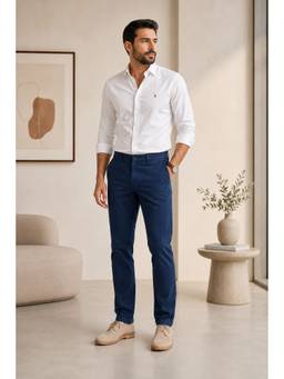 Denro - Men Navy Blue Pure Cotton Straight Fit Casual Trouser