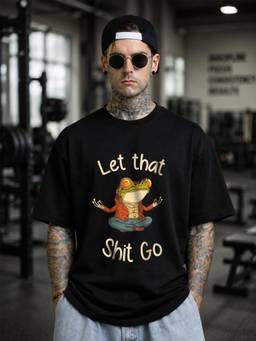 HAZUKU - Let That Shit Go Frog Men's Black Graphic Print Oversized Cotton Casual T-Shirt