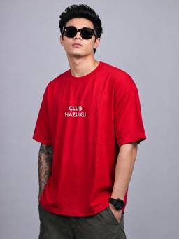 HAZUKU - Live To Love Men's Red Typography Back Print Oversized Cotton Casual T-Shirt