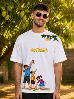 HAZUKU - Nostalgia Men's White Graphic Print Oversized Cotton Casual T-Shirt