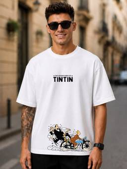 HAZUKU - Men's White Adventures Of Tintin Character Graphic Oversize T-Shirt